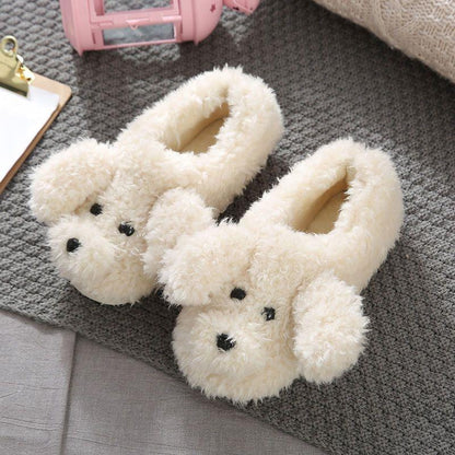 Comwarm Cute Dog Short Plush Slippers For Women 2023 Winter Warm Furry Cotton Shoes Couples Home Indoor Bedroom Cozy Slippers