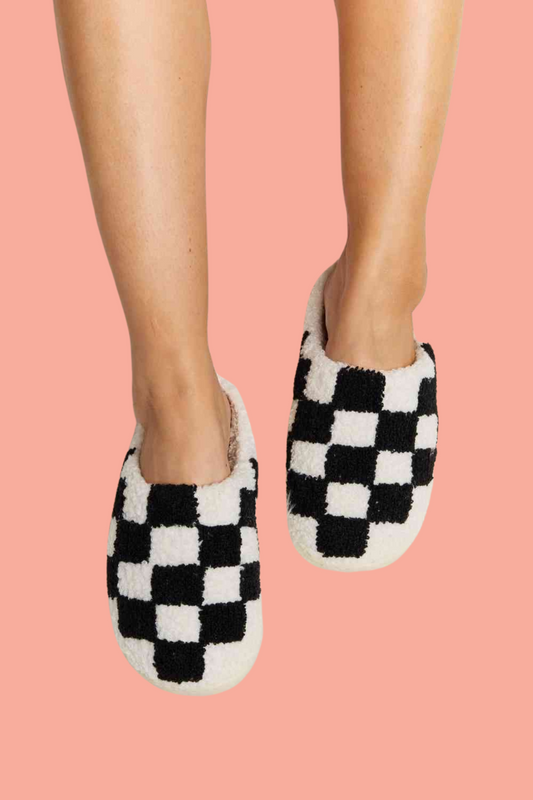 Checkered Print Plush Slide Slippers
