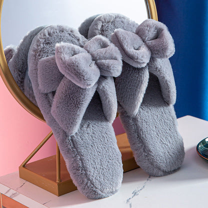 Bowknot Plush Slippers Plush Cotton Slippers - Grey / 35to36 - Slippers