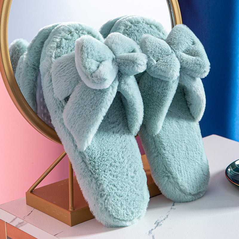 Bowknot Plush Slippers Plush Cotton Slippers - Sky Blue / 35to36 - Slippers