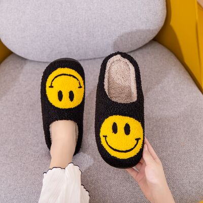 Smiley Face Slippers Black & Yellow